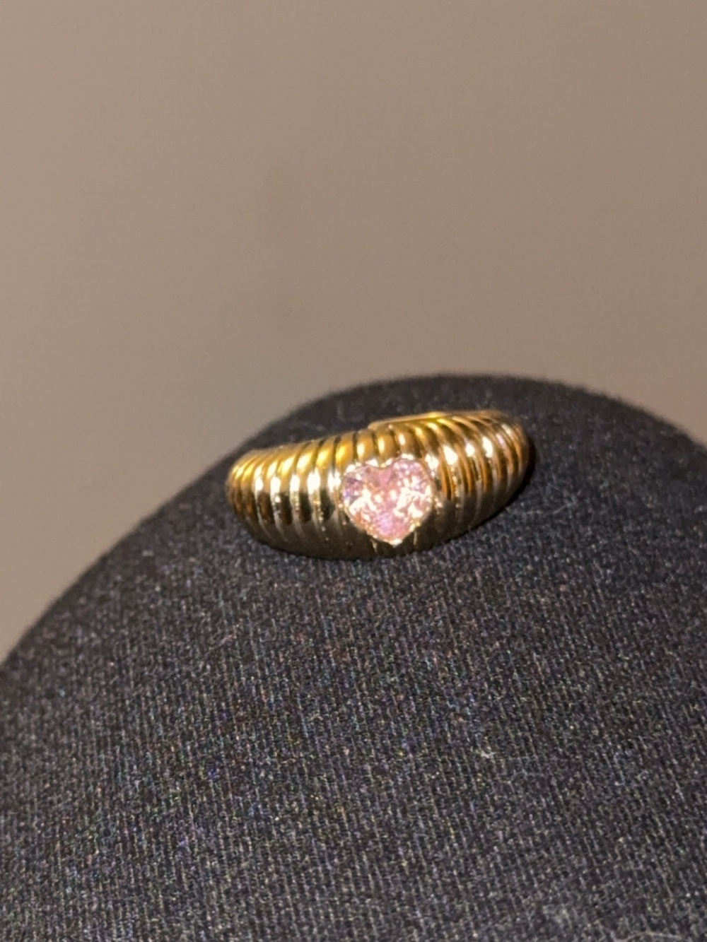 Gold Ribbed Ring with Pink Heart Gem